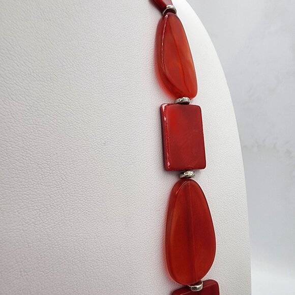 Long Handmade Titto Red Carnelian Colored Bead Slab Silver Station Necklace Fall - Picture 6 of 9
